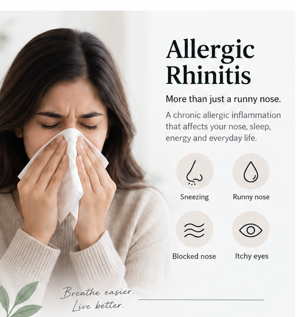 Allergic rhinitis overview showing sneezing, runny nose, blocked nose and itchy eyes